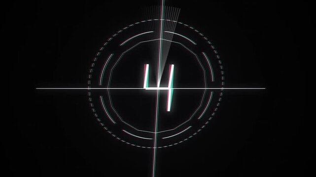 Futuristic countdown timer with circular rings and glitch crosshair