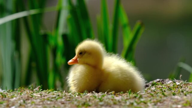 Cute baby chick and duckling in the grass in a natural spring setting
