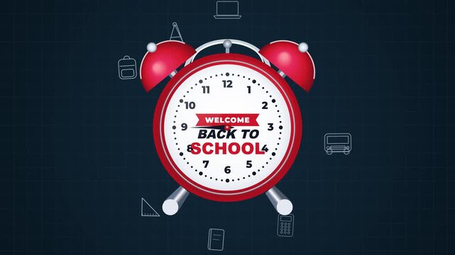 Animated red alarm clock displaying welcome back to school message on a dark grid with education i