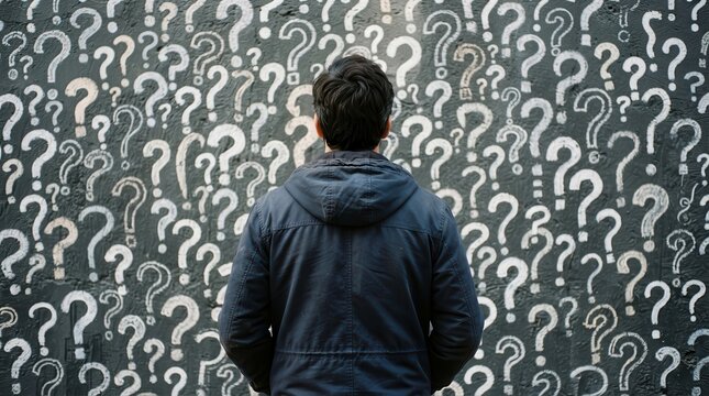 Man standing in front of wall covered with chalk question marks