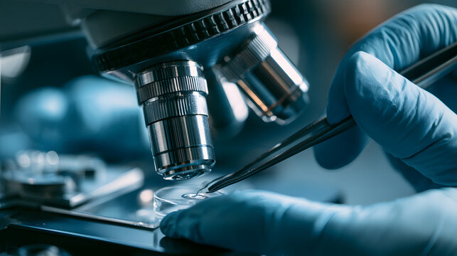 laboratory scientist's gloved fingers using precision forceps to position a tiny biological specimen on a microscope slide, sophisticated research laboratory