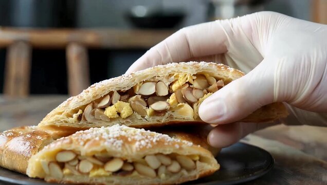 Gourmet 4K product videography focusing on a freshly baked golden-brown crescent pastry split open to reveal an artisanal filling of rich eggs and sliced almonds within a beautifully flaky crisp