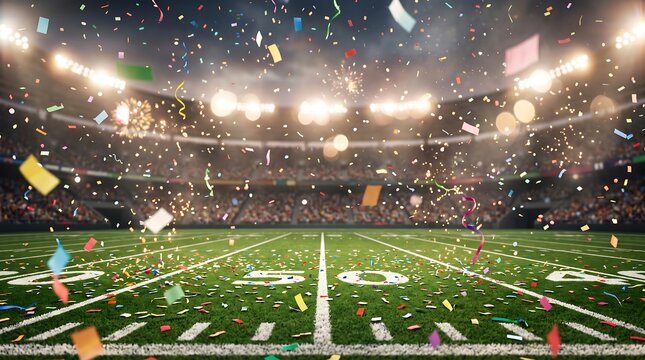 Celebratory confetti falling on an empty american football field at night stadium