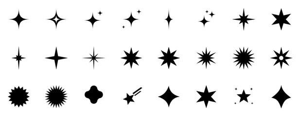 Fototapeta premium Set of various black star icons, sparkle and glitter symbols for design elements isolated on transparent background