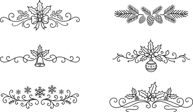 Christmas floral line art page divider and border vector set featuring pine cone holly berry bell snowflake design