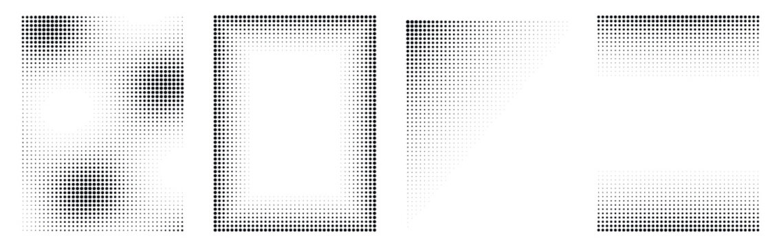Set of halftone dot patterns, abstract gradient frames and backgrounds, vector design elements isolated on transparent background