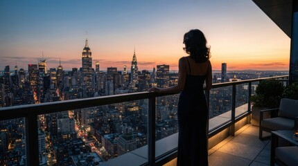 Fototapeta premium Woman in dress looking at city skyline from high-rise balcony at sunset