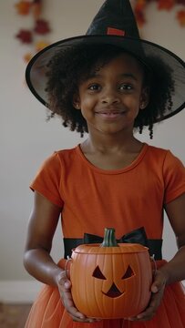 Vertical video: Recording girl posing at home in witch costume for Halloween, holding pumpkin pail