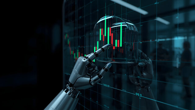 Robotic hand analyzing financial data on a digital screen, AI robot finger pointing at stock market charts, futuristic artificial intelligence trading