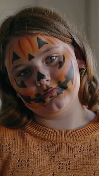 Vertical video: Camera rolling child in orange sweater shifting gaze in room, showing pumpkin paint