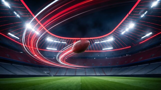 American football flying through a modern stadium with dynamic red light trails