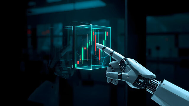Robotic hand analyzing financial data on a digital screen, AI robot finger pointing at stock market charts, futuristic artificial intelligence trading