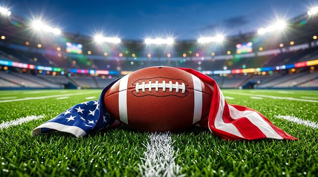 American football and us flag resting on a green stadium grass field under bright lights