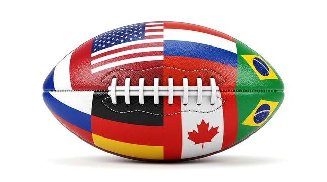 American football ball with flags of different countries isolated on white background