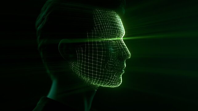 Glowing green laser scan reveals a human face profile, digital mesh highlighting contours against a dark, mysterious background, futuristic concept