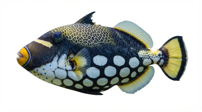Clown triggerfish with distinctive white spots and yellow fins