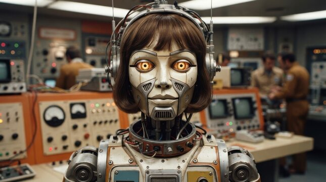 Female humanoid robot with glowing orange eyes in a retro control room