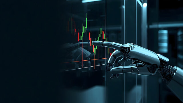 Robotic hand analyzing financial data on a digital screen, AI robot finger pointing at stock market charts, futuristic artificial intelligence trading