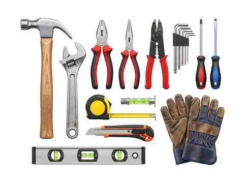 Construction Tools Galore: A comprehensive collection of essential construction and DIY tools, including a hammer, wrenches, pliers, screwdrivers, tape measure, level, and work gloves.