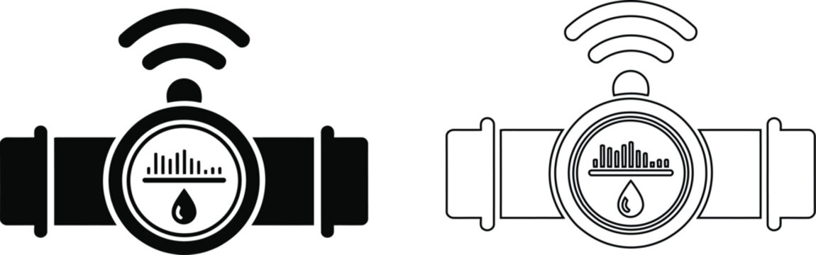 water meter icon set, water usage monitoring symbols for utility management, consumption tracking, measurement, conservation, and connected technology vector design.