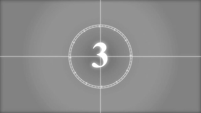 Vintage grayscale film countdown with circular crosshair and numbers