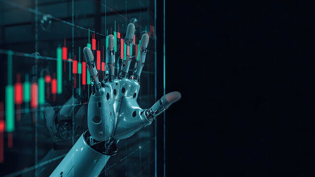 Robotic hand analyzing financial data on a digital screen, AI robot finger pointing at stock market charts, futuristic artificial intelligence trading