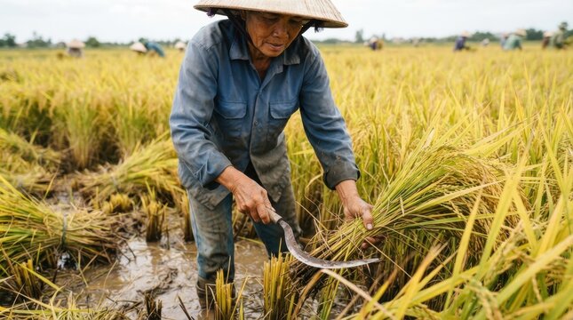 Asian farmer harvesting rice with a sickle in a flooded paddy field