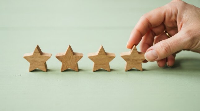 Person placing a wooden star in a row of four stars on a green surface