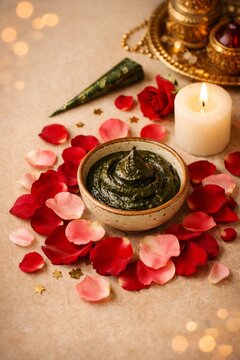 Bowl of henna paste surrounded by rose petals and a lit candle for spa skincare background and traditional beauty design
