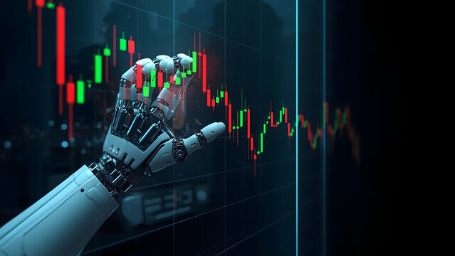 Robotic hand analyzing financial data on a digital screen, AI robot finger pointing at stock market charts, futuristic artificial intelligence trading