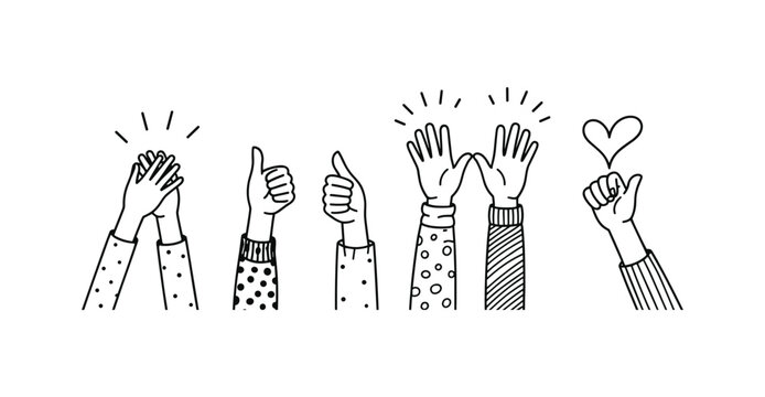 Handdrawn collection of human hands showing positive gestures and clapping isolated on white background