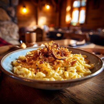 Hearty spaetzle pasta serving comfort food in rustic cabin