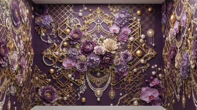 Purple floral wall with gold ornamentation and pearls interior background