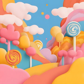 Abstract sweet landscape showing lollipops, candies, and planets in a vibrant purple and pink universe