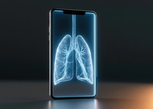 A glowing blue digital scan of human lungs displayed on a smartphone screen against a dark background, representing health technology and medical imaging in a clean, minimalist aesthetic.
