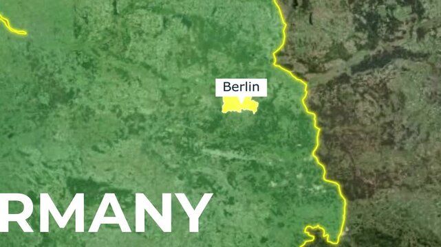 Germany map with glowing yellow borders and capital city Berlin video clip