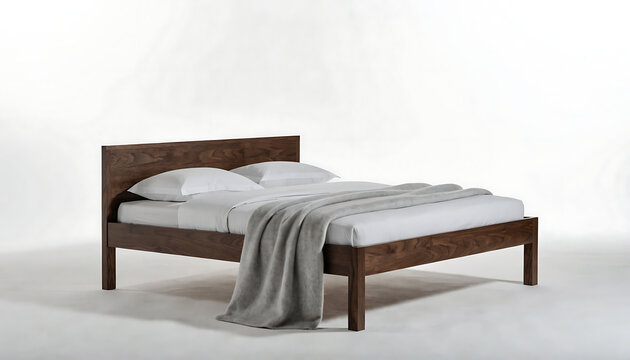 Modern dark wood bed frame with white bedding isolated on white background
