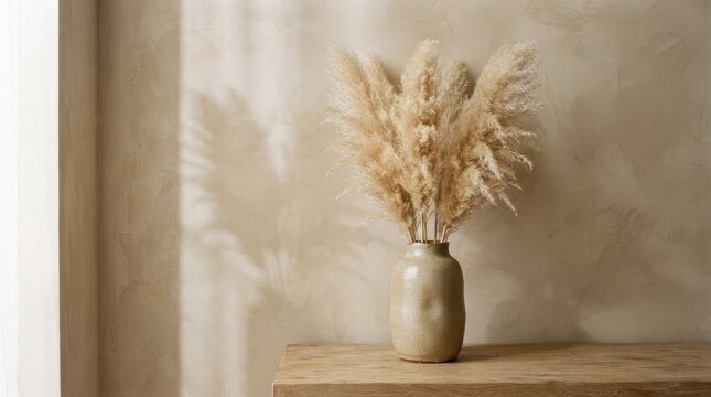 Pampas grass in ceramic vase on wooden table
