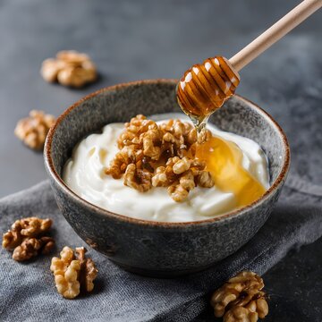 Healthy breakfast bowl with greek yogurt, walnuts, and honey on a gray background