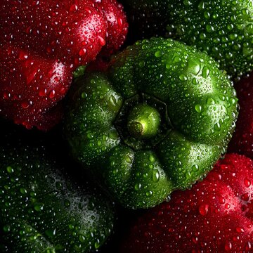 Fresh red and green bell peppers sparkling with water droplets on a dark background