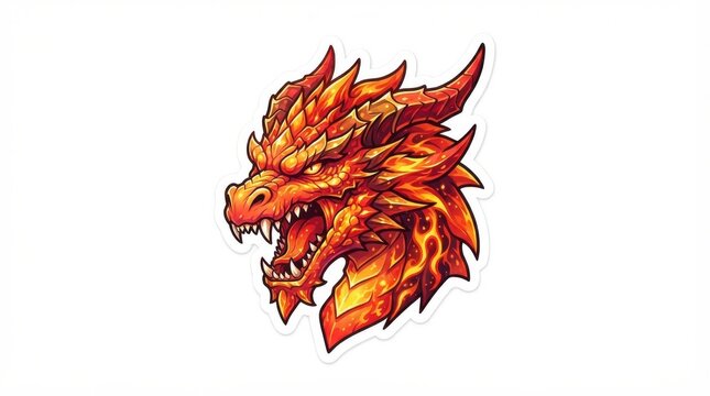 Fierce red dragon head sticker with fiery scales and open jaws