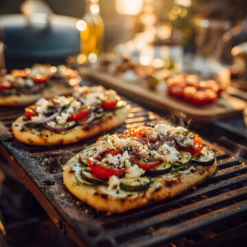 Freshly baked flatbread pizza with mozzarella, tomatoes, and herbs steaming on a grill outdoors