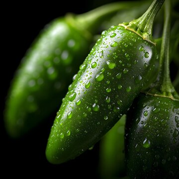 Fresh green jalapeno peppers covered in water droplets showing spicy freshness