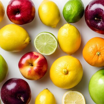 Colorful group of fresh raw tropical and seasonal fruit on a white background