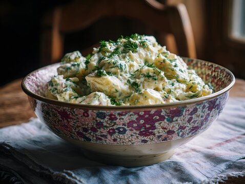 Potato salad serving in a vintage bowl with herbs and creamy dressing