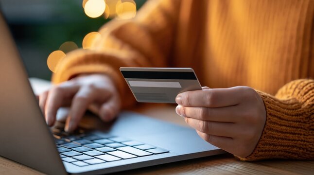 Woman hands holding credit card and typing on laptop for online payment and shopping
