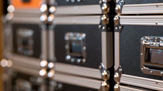 stacked professional flight cases with reinforced corners and handles