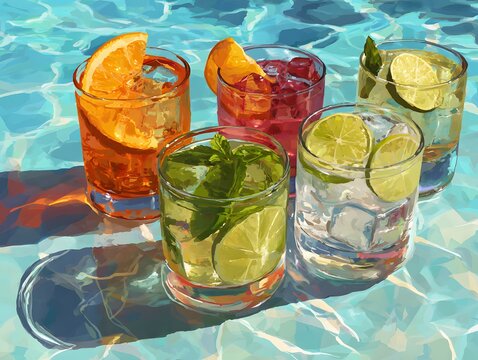 Assorted cold drinks with fruit slices and ice cubes chilling poolside on a sunny day