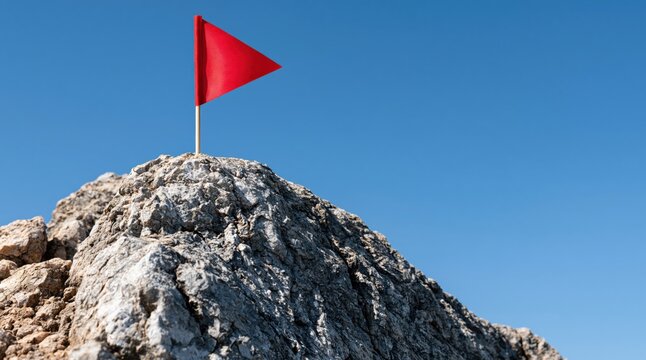 Red flag on top of rocky mountain peak against blue sky