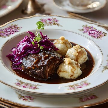 Traditional german sauerbraten served with savory red cabbage and fluffy potato dumplings on a decorated plate